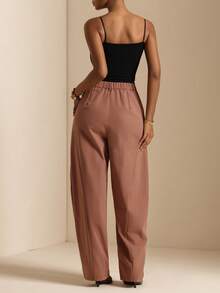 Vesra Women's Solid Color Casual Versatile Button Pocket Pleated Long Pants - Brown - View 2