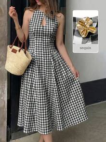 Modelyn 女款春夏黃色編織格紋紋理水滴領金屬鈕扣收腰A字優雅浪漫中長洋裝 - 黑色 - 查看 7