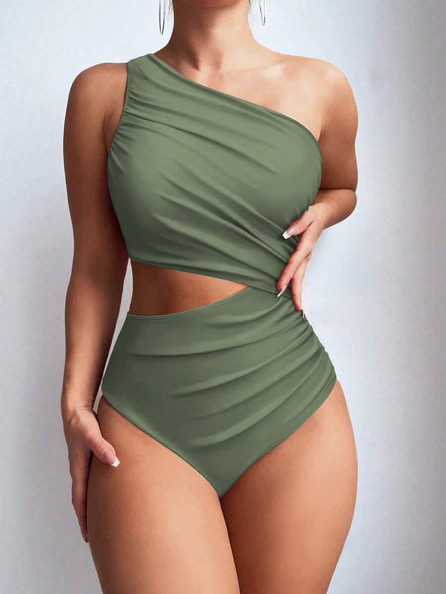 Swim Basics Women's Solid Color One-Shoulder Ruched Cutout One-Piece Swimsuit, Suitable For Beach Vacation, Pool Party, Beach Party - Army Green - View 1
