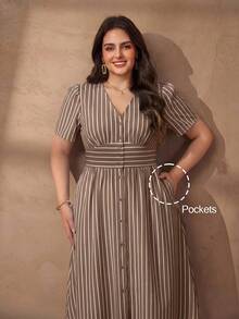 Chikora Elegantes Leinen-Freizeitkleid mit V-Ausschnitt Große Größen für Damen, geeignet für die Arbeit - Khaki - Übersicht 2