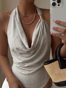 Selianne Spring/Summer Women's Metal Buckle Hanging Collar Asymmetric Hem Tie Back Open Back Elegant Sexy Blouse, Date Vacation Daily Party Top Light Grey - Apricot - View 1