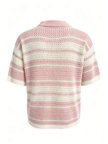 Manfinity LEGND Men's Contrast Color Pink Checkered Short Sleeve Hollow Knit Top Vacation Summer Casual Holiday Old Money Y2k Streetwear Husband Gift - Baby Pink - View 3