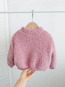 SHEIN LMoss Kids LMoss 女嬰可愛休閒毛絨立領夾克，愛心圖案，適合秋冬穿著 - 淺粉色 - 查看 2