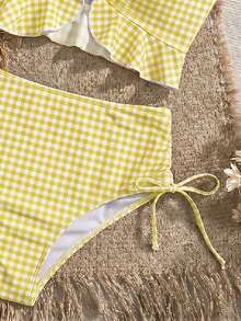Swim Mod Women's Summer Beach Holiday Plaid Ruffle Trim Tank Bikini - Pale Yellow - View 3