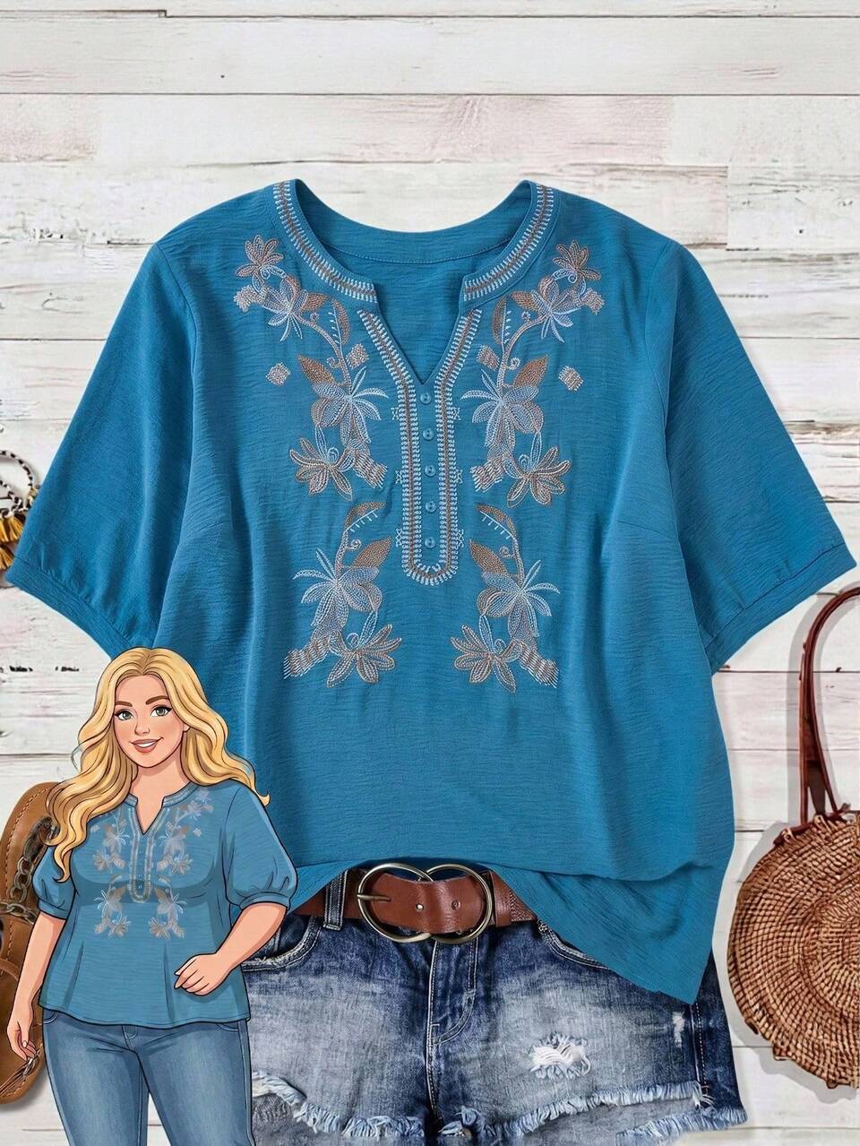 Plus Size Notched Collar Short Sleeve Vintage Summer Casual Shirt  Summer Spring Clothing Country Style For Women