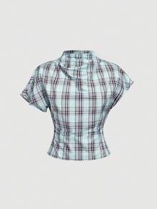 SHEIN MOD Summer Ruched Collar Asymmetrical Sleeve Side Cinched Waist Dusty Blue Bamboo Linen Women's Blouse Office Everyday School Classic Preppy Teachers' Day - Blue - View 2