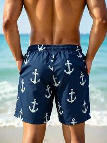 Solantero Pantalones cortos de playa con estampado minimalista para hombres de talla grande, vacaciones - Azul Marino - Ver 2