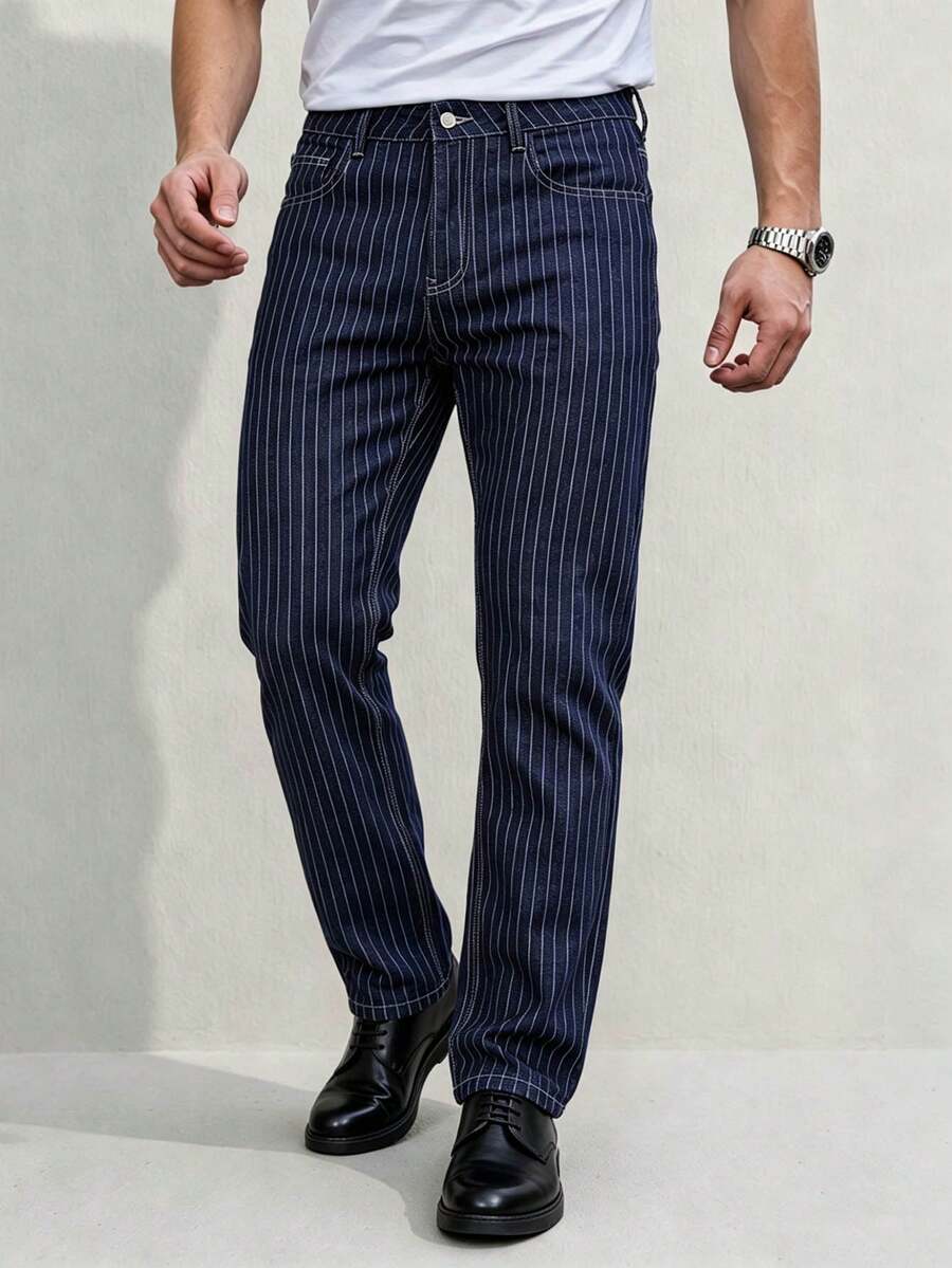 Manfinity CityGents 修身微彈商務風提花牛仔長褲 - 藍色 - 查看 1