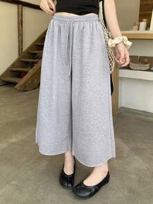 DAZY Solid Color Loose Cropped Pants Elastic Waist Casual Vacation Summer Women's Sweatpants School - Grey - View 2