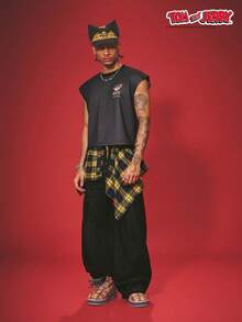 TOM & JERRY X SHEIN PAVTROS Tank Top Pria Kasual Musim Panas dengan Motif Kartun - Hitam - View 5