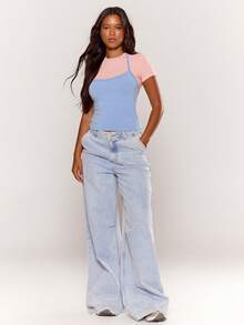 MUSERA Pink Blue Fitted Crewneck Short Sleeve Tee With Scoop Neck Overlayer Tank Top - Multicolor - View 5