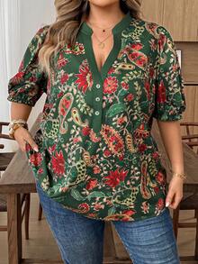 SHEIN CURVE+ Plus Size Women's V-Neck All-Over Print Casual Versatile Daily Wear T-Shirt - Multicolor - View 7