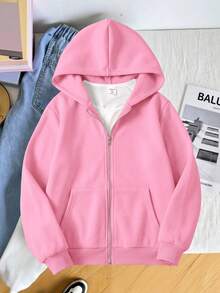 SHEIN Tween女孩秋冬休閒連帽保暖外套 - 粉色 - 查看 6