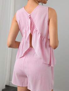 Momance-D Women's Pink Plaid Tank Top + Adjustable Waist Shorts Maternity 2 Pieces Set, Summer Postpartum - Pink - View 5