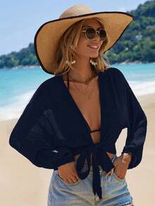Swim Vcay Kimono Pendek Lengan Panjang Warna Polos untuk Wanita, Cocok untuk Liburan - Navy Blue - View 5