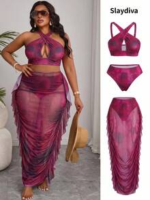 Slaydiva Plus Size Tie-Dye Print Bikini Set - Hot Pink - View 1