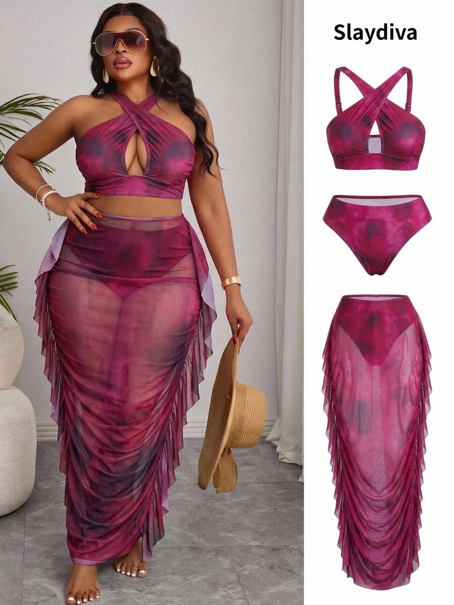 Slaydiva Plus Size Tie-Dye Print Bikini Set - Hot Pink - View 1