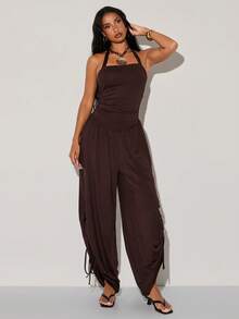 Normani Women's Solid Color Pleated Halter Jumpsuit Vacation Dark Brown Summer Sexy - Brown - View 5