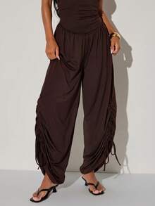Normani Women's Solid Color Pleated Halter Jumpsuit Vacation Dark Brown Summer Sexy - Brown - View 7