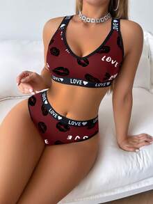 SHEIN 女款字母與唇印內衣與三角內褲休閒日常內衣套裝 - 紅色 - 查看 4