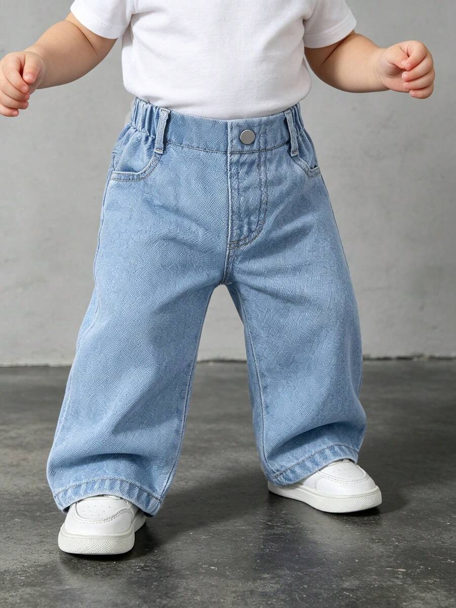 Baby Boys Denim Jeans, All-Season Long Pants, Fashion Casual Style, Vintage Light Blue Denim, Elastic Waistband Design, Straight Leg Fit, Soft And Comfortable Denim Fabric, Versatile Everyday Fashion, Daily Wear, All-Season New Boys Denim Jeans - Baby Blue - View 1