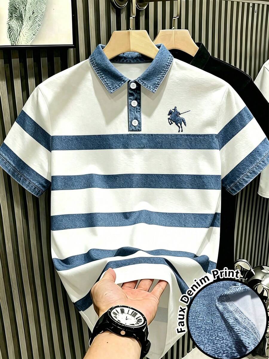 Manfinity Hypemode 復古丹寧風藍白對比條紋 Polo 衫,小馬標誌印花,藝術短袖上衣,男女款圖案 T 恤,夏季休閒日常穿著與外出百搭上衣 - 彩色 - 查看 1
