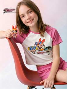 Maija Kids THE POWERPUFF GIRLS X SHEIN Maija Kids 兒童 1 件大童女孩休閒 Y2K 卡通圖案極簡短袖高腰 T-shirt，適合夏季返校校園穿搭，白色 - 彩色 - 查看 2