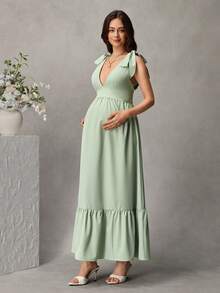 Momance Robe de maternité élégante sans manches avec col en V profond et nœud aux épaules, couleur unie - Vert - Voir 3