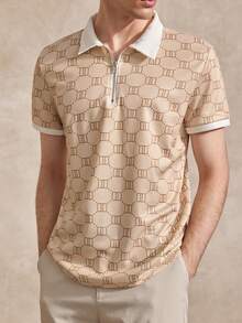 Courvante Men Summer Casual Color Block Geometric Printed Short Sleeve Polo Shirt, For Golf - Apricot - View 5