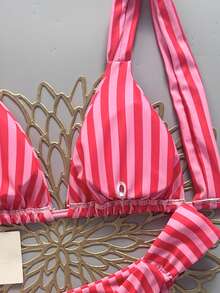 SHEIN Swim 女款性感海灘度假純色時尚掛脖繫帶＋後背繫帶比基尼上衣，性感抓皺後背＋側腰抓皺設計比基尼褲，街頭風音樂節派對泳池泳裝套裝 - 粉色 - 查看 6