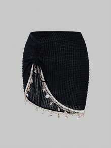 Swim Lushoire Women's Summer Beach Vacation Drawstring Ruched Starfish Shell Tassel Solid Color Special Texture Fabric Split Hem Skirt - Black - View 5