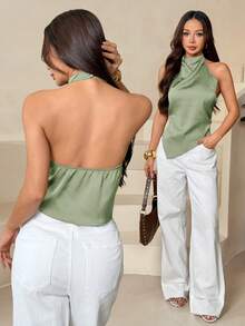 SHEIN PETITE 女款性感露背掛脖上衣，優雅適合派對、通勤與度假，夏季穿著 - 橄欖綠 - 查看 3