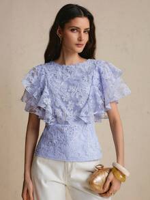 CielaLinda 女款荷葉邊刺繡短袖上衣 - 藍色 - 查看 6