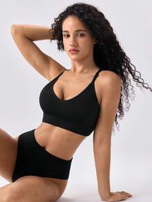 Loungeista Seamless Knitted Ribbed Sexy Wireless Bra For Women, Criss-Cross Strap Backless Sports Bra - Black - View 7