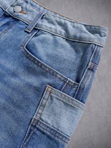 Manfinity Roghcode Pantalones cortos de mezclilla azul lavado claro con costura inversa casual para hombres jóvenes - Lavado ligero - Ver 6