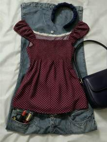 IslaSuriya Top azul-marinho com bolinhas, decote quadrado, mangas pétala e cintura com laço - Vermelho - Ver 2