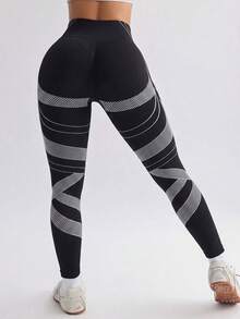 Solea Cove Solea Cove 女款抽象圖案高腰修身休閒運動緊身褲 夏季 - 黑與白 - 查看 5