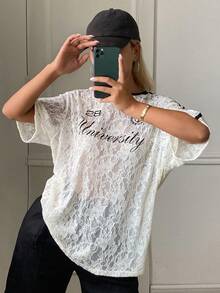 DAZY Lace Letter Print Loose Short Sleeve Casual Vacation Summer Women's T-Shirt School - Apricot - View 4