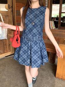 DAZY Women's Round Neck Plaid Sleeveless Korean Style Denim Dress School - Blue - View 8