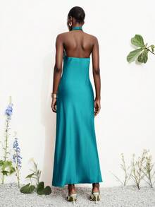 Aveloria Modichic Fashionable Elegant Slim Fit Sexy Satin Halter Neck Solid Color Dress - Blue - View 3