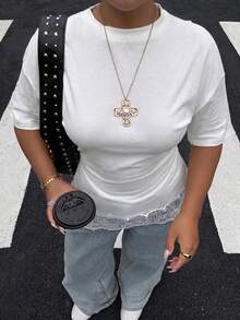 Muchica White Lace Patchwork Casual Plus Size Women's T-Shirt - White - View 4