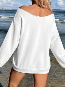 SHEIN EZwear 女款雞尾酒杯印花露肩寬鬆休閒長袖衛衣 - 白色 - 查看 10