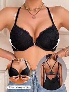 LustreForm Women's Black Underwire Sexy Lace Front Closure Push-Up Bra, 1pc - Black - View 6