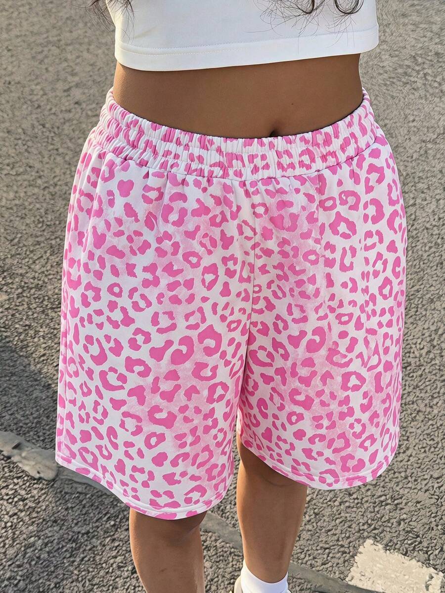 Teen Girl Drawstring Waist Leopard Print Casual Versatile Daily Outing Shorts - Pink - View 1