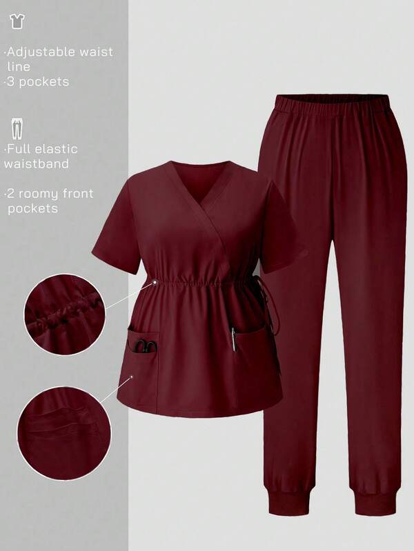 TaskEZ 2pcs Casual V-Neck Waist-Cinching Short Sleeve Top And Pants Plus Size Uniform Set, Cleaning Uniform Set