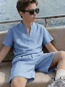 SHEIN Teen Boy 2pcs Teen Boy Casual Versatile - Baby Blue - View 6