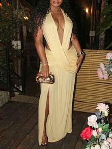Slaydiva Elegant Deep V-Neck Halter-Neck Long A-Line Dress With High Slit. Perfect For Parties And Weddings-A - Yellow - View 7