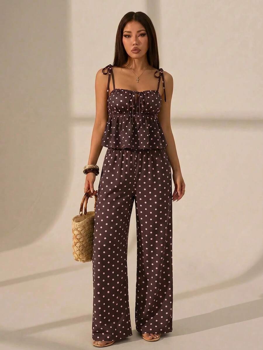 SHEIN PETITE Women's Vacation Casual Tropical Sexy Brown And White Polka Dot Print Camisole Long Pants 2 Pieces Set,Petite Beach Summer - Coffee Brown - View 1