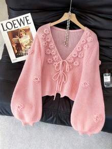 GlowEve CURVE Plus Size Elegant 3D Flower V-Neck Tie Bow Flared Long Sleeve Cardigan - Pink - View 1
