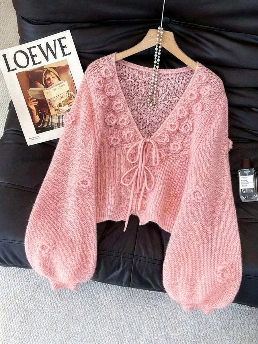 GlowEve CURVE Plus Size Elegant 3D Flower V-Neck Tie Bow Flared Long Sleeve Cardigan - Pink - View 1